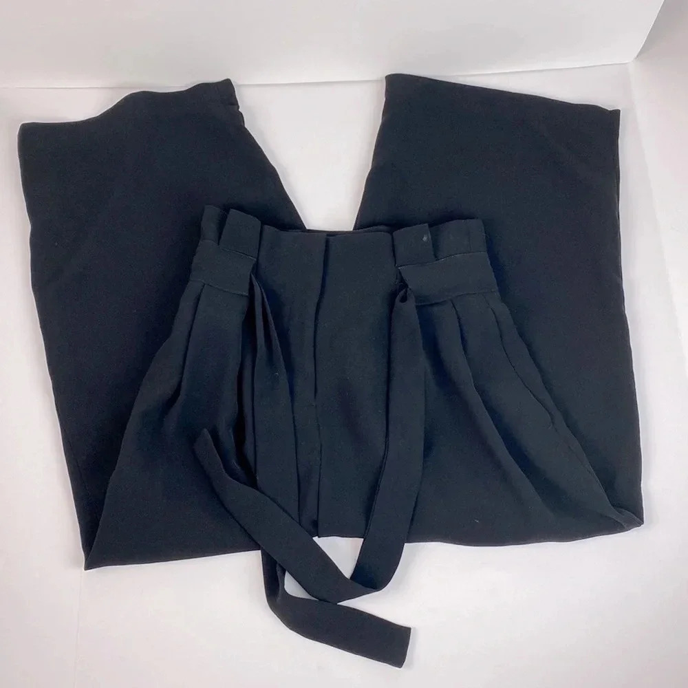 Black formal office wide leg tie waist  paper bag pleated trouser pants sz 0